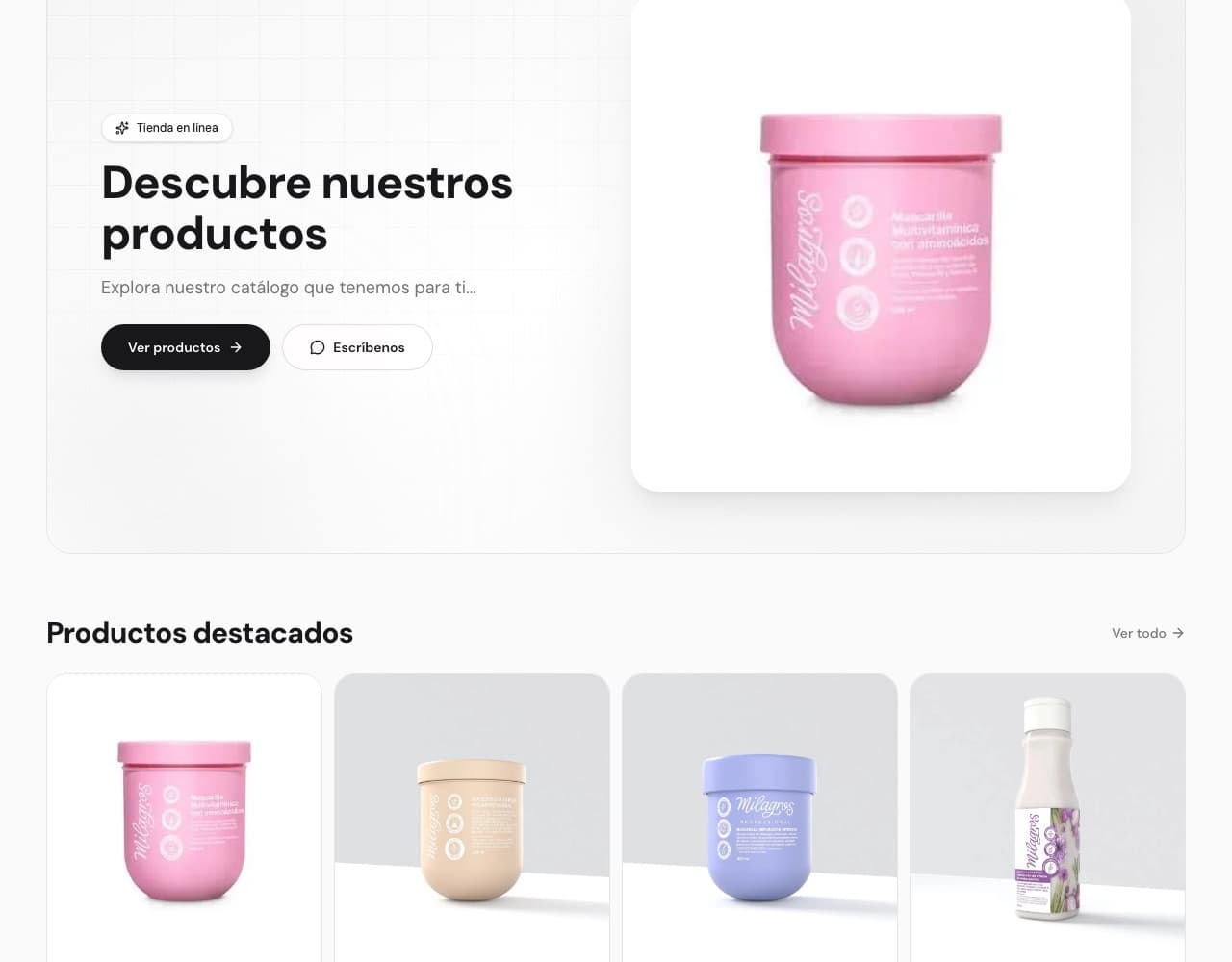 Captura de la tienda Bevaa: logo arriba, menú de categorías, portada con un producto destacado y la fila de productos con su precio y el botón Agregar al carrito.